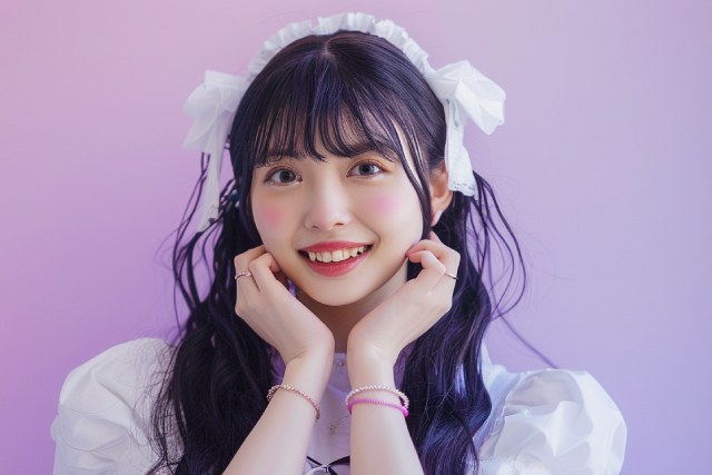 紫の背景の前でぶりっ子ポーズをする白いメイド服の黒髪のコンカフェ嬢