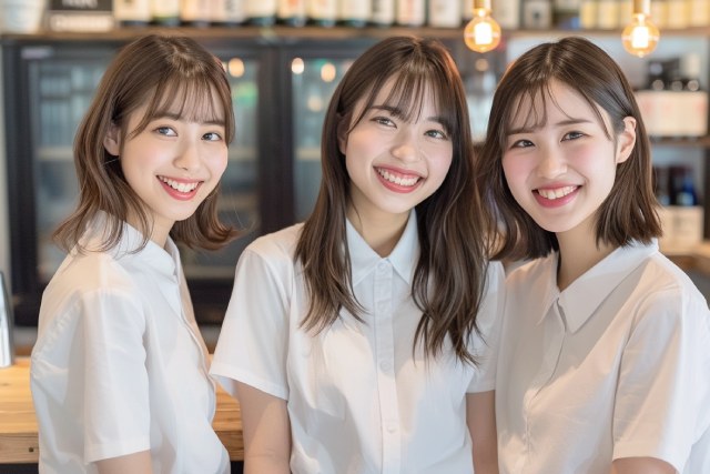 ガールズバーで働く白いシャツを着た笑顔の3人の若い日本人の女性