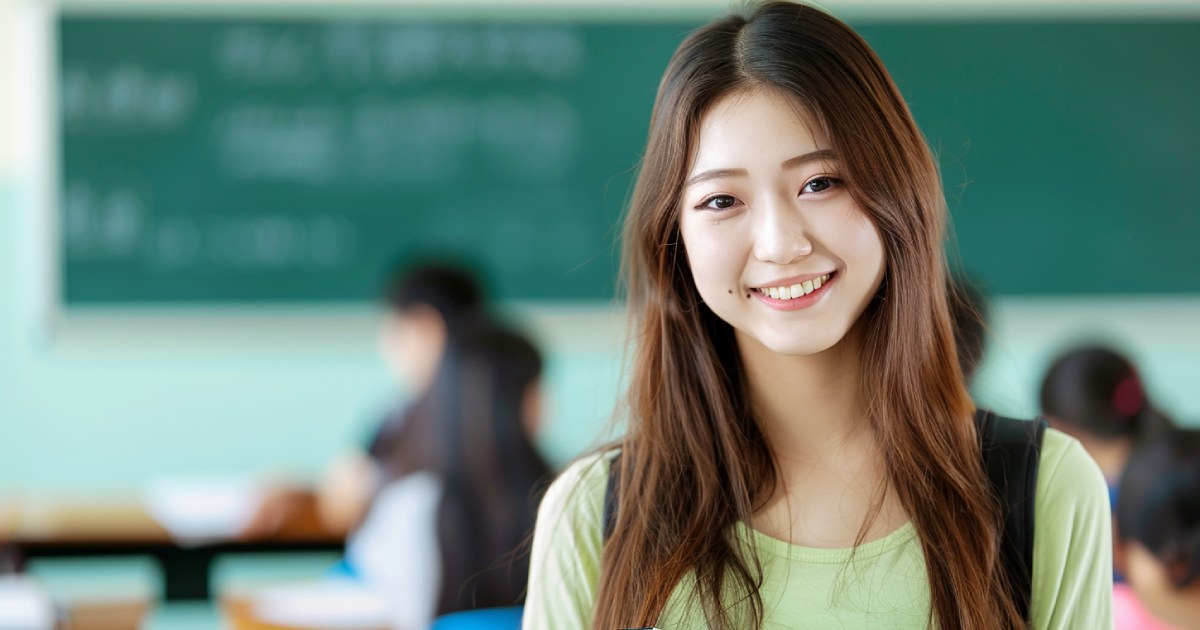 女子大生が大学内で笑顔でこちらをみている様子