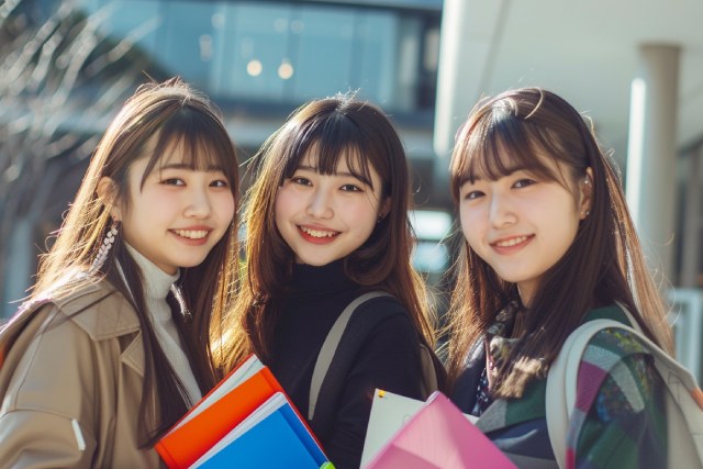 色とりどりの書類を手に笑顔でカメラに向かってポーズをとる3人の女子大生