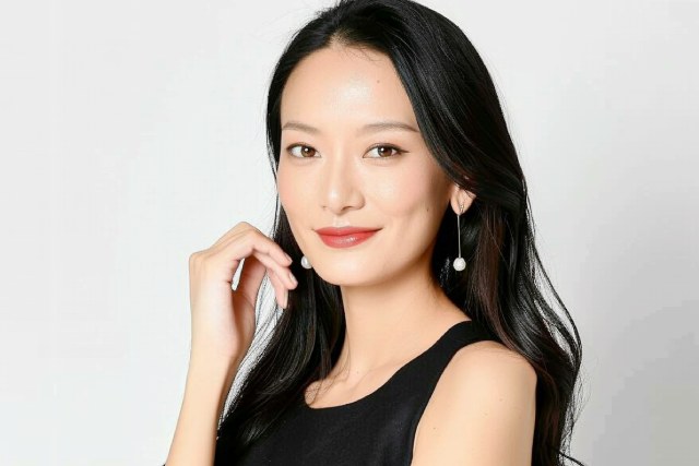ピアスをつけ、黒いドレスを着た長い黒髪の日本人女性