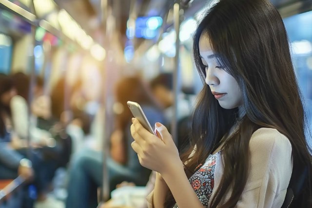 電車の中でスマホをいじる黒髪ロングの日本人女性