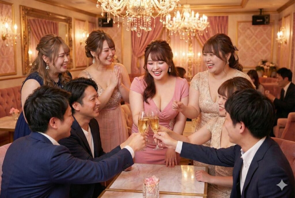 乾杯をして盛り上がっている、ぽっちゃりキャバクラの様子。