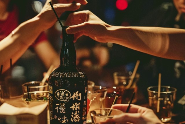 カウンターの中心におかれた日本酒のボトルとたくさんの人の手