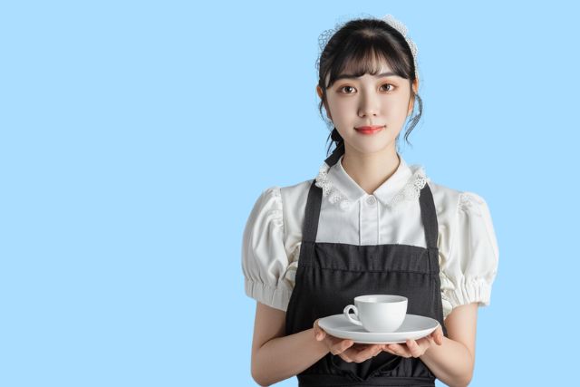 水色の背景とコーヒーを運ぶコンカフェ嬢