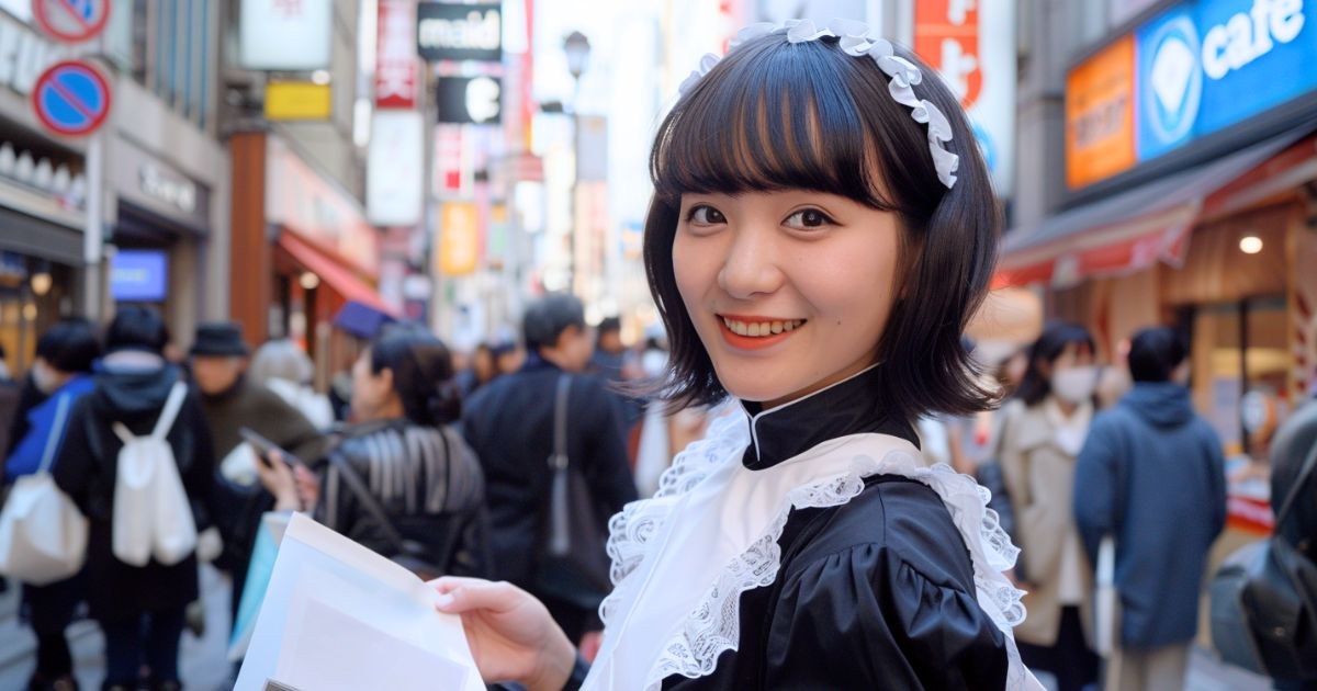 メイドのコスプレ衣装に身を包んだ若い日本人の女性が町中でビラ配りをしてながら微笑んでこちらを見ている様子