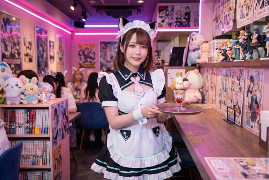 コンカフェのキャスト女性とコンカフェ店内のイメージ。