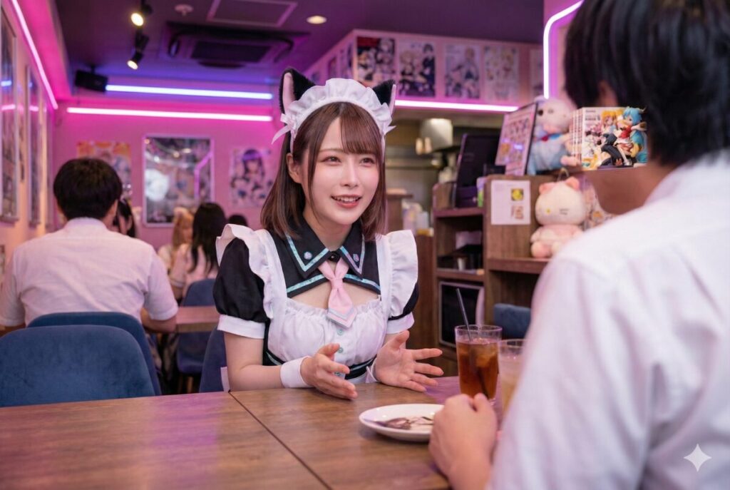 男性客に接客する、コンカフェのキャスト女性。