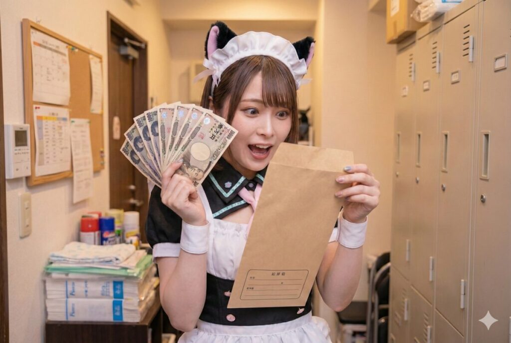 思ったよりたくさんの給料をもらって喜ぶ、コンカフェのキャスト女性。