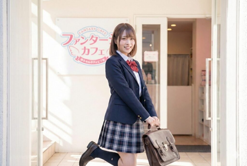 フレッシュな女の子がコンカフェで働くため、向かう様子。