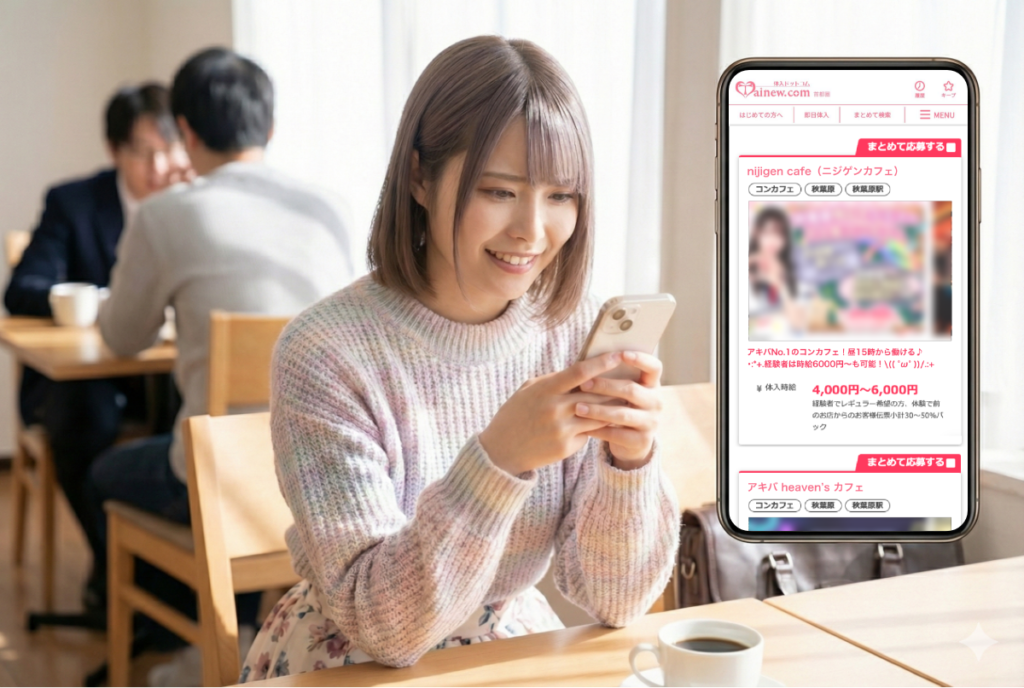 コンカフェの求人情報を見ながら、応募先を考えている女性。