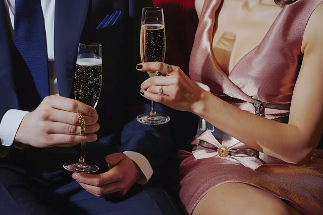 スーツを着ている男性とピンクのドレスを着た女性がシャンパンを傾ている様子