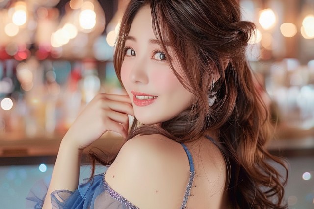 ドレスを着たキャバ嬢が後ろを振り返って微笑む様子