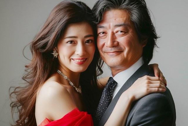 赤いドレスの若いキャバ嬢と50代くらいのスーツを着た男性がハグをしている様子