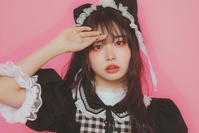 おでこに手を当てポーズを決めるメイド服を着たコンカフェ嬢
