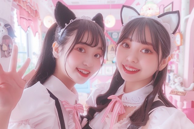 猫耳を付けメイド服を着ている二人のコンカフェ嬢