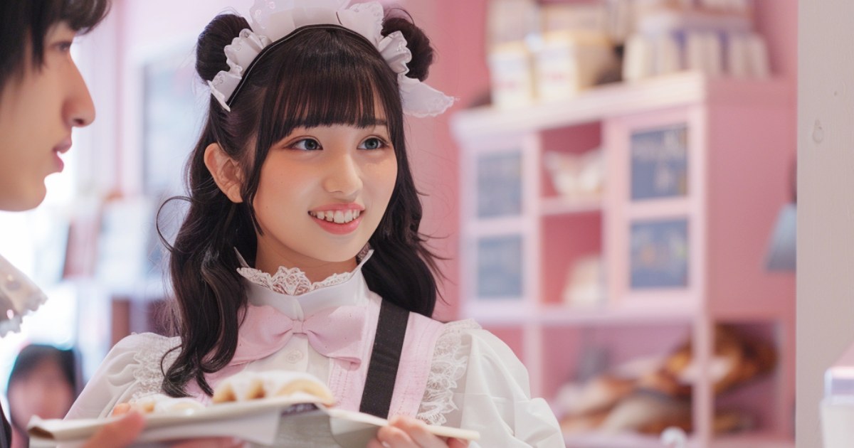 メイド服を着て接客する女性