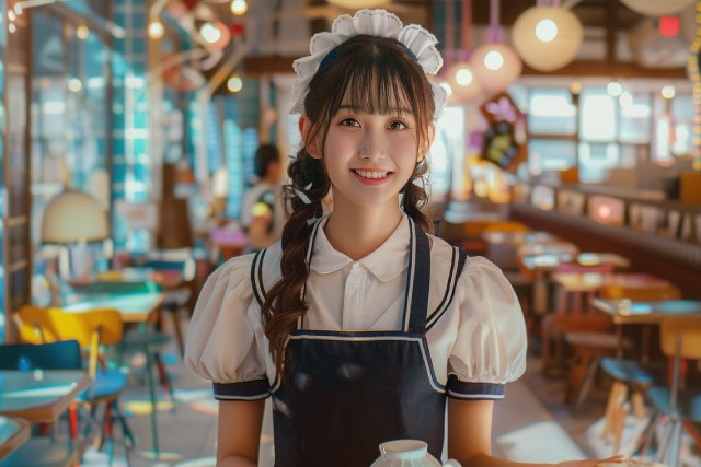 綺麗な店内でこちらを見るメイド服の女性
