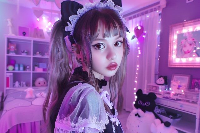 猫耳を付けメイド服を着た女性
