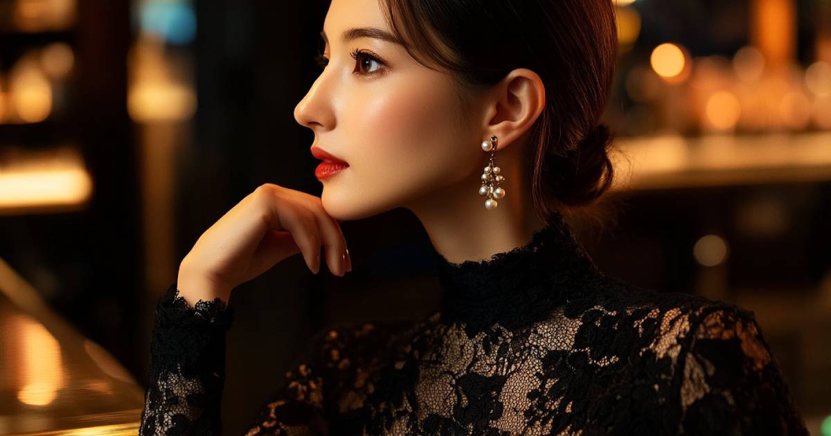 黒いレースのドレスにパールのイヤリングをつけた日本人女性の横顔