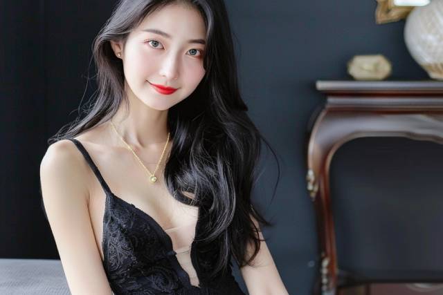 黒いセクシーなドレスを着たロングヘアの若い日本人女性