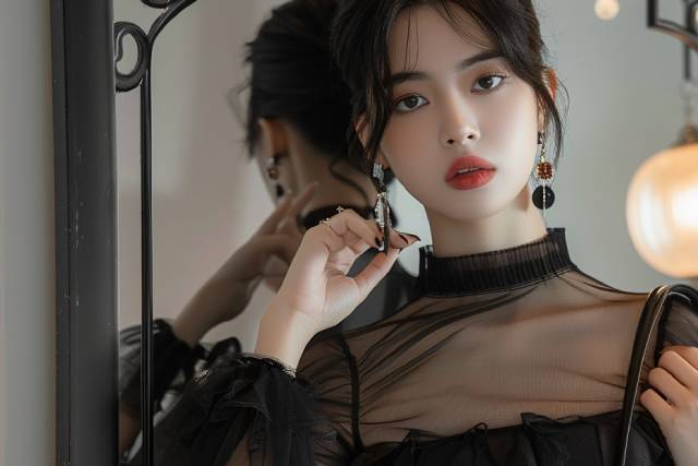 薄いレースのハイネックの黒いドレスをきた若い日本人のキャバ嬢