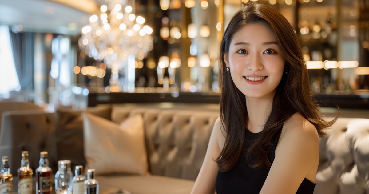 高級ラウンジでこちらを見る女性