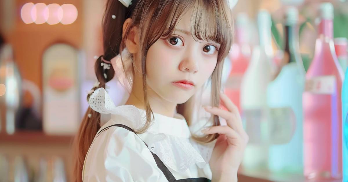 お酒のボトルの前に立つメイド風コスプレの女性