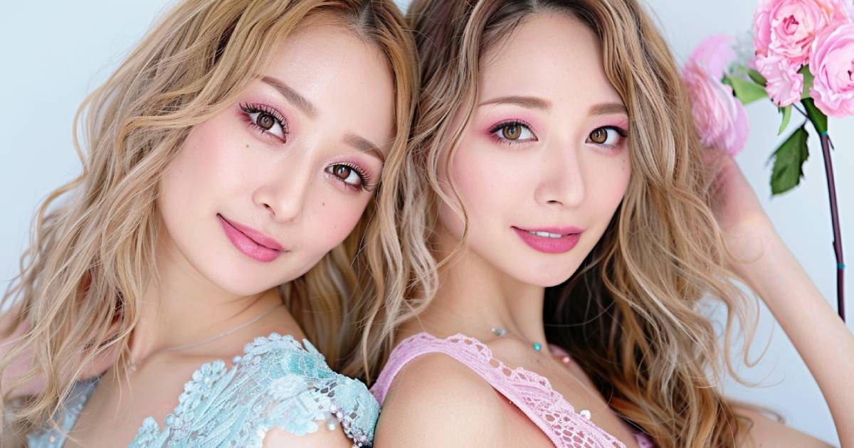 ピンク色と水色のドレスを着たパーマーをかけた2人の女性