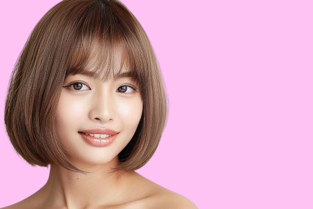 背景ピンクに茶髪のボブヘアの髪型をした女性