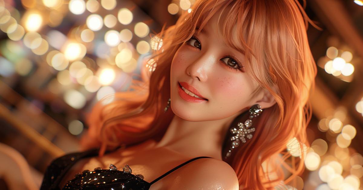 オレンジ色のロングの髪型と派手なピアスをした黒いドレスの女性