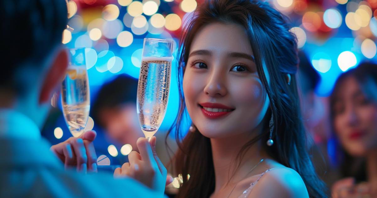 煌びやかなキャバクラでお客様とシャンパンで乾杯するキャバ嬢