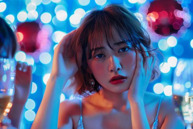 困惑した表情でこちらを見るショートヘアのキャバ嬢