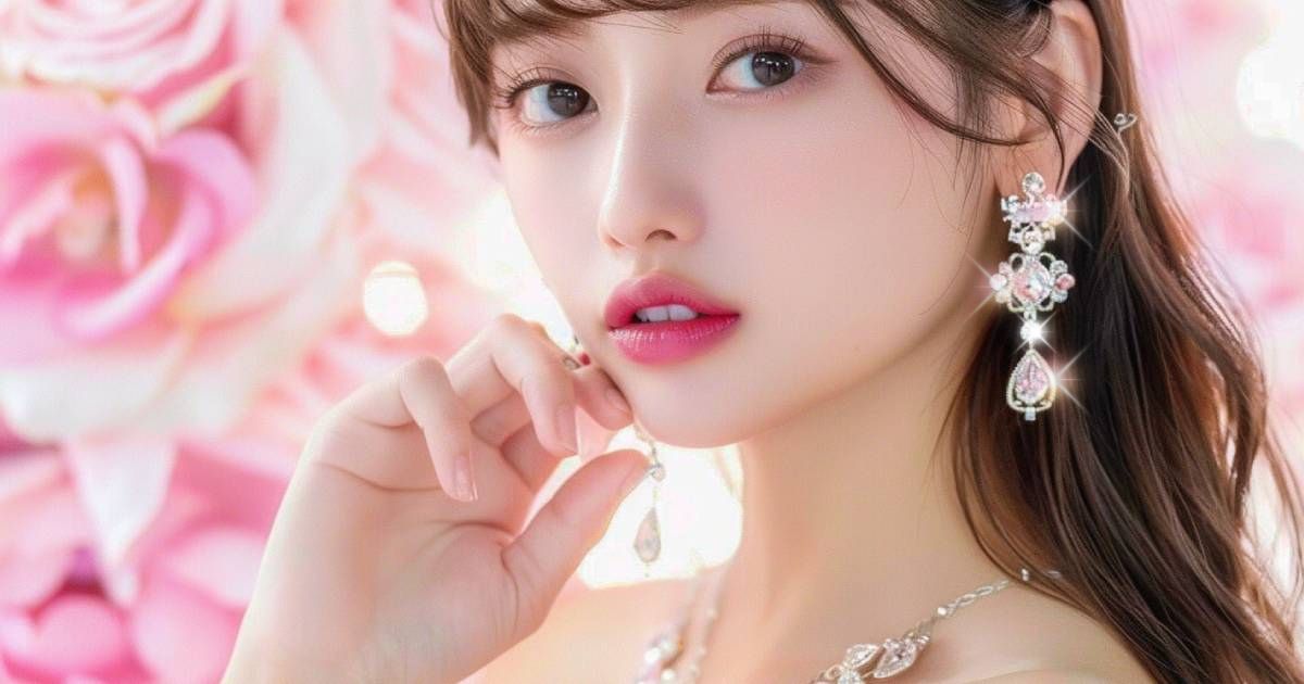 ダイヤの豪華なピアスをつけたロングヘアのキャバ嬢とピンク色の薔薇の背景