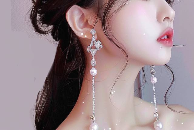 横顔の女性の耳に揺れる豪華なピアス