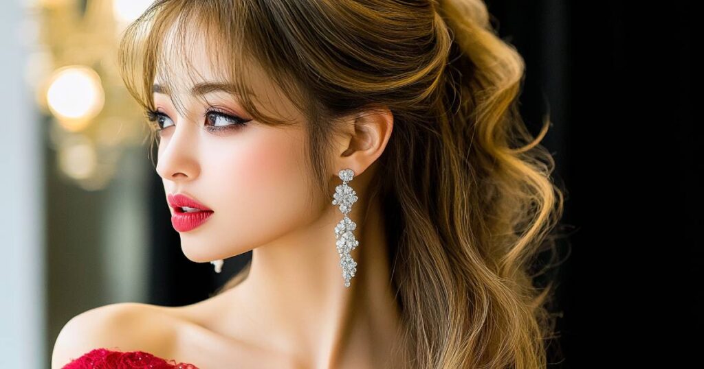 赤いドレスをきた横を向くラウンジ嬢