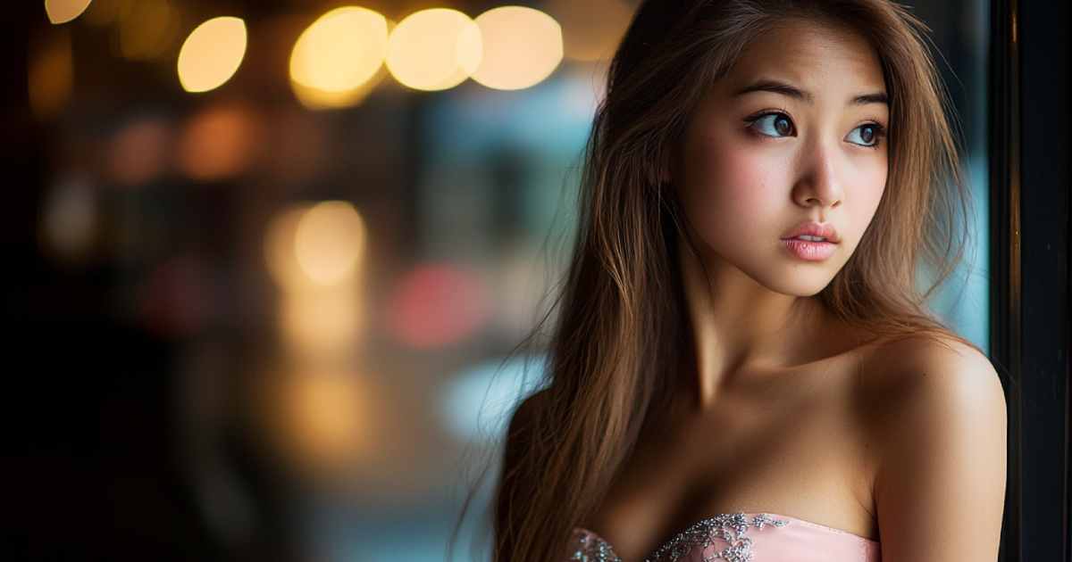 まどの外を見て心配そうに考えている様子のピンクのドレスを着たキャバ嬢