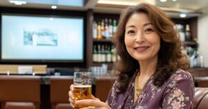 ビールグラスを持っている50代の美人なスナックのママ