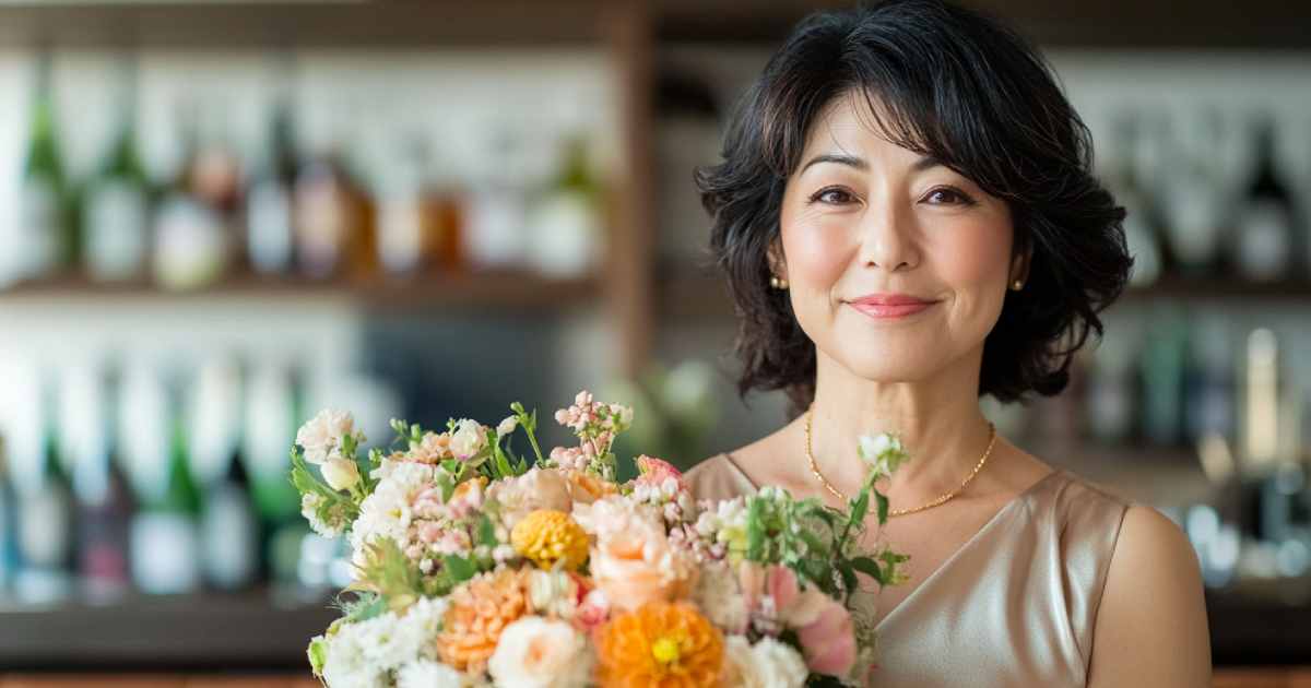 大きな花束を抱えて嬉しそうに微笑むスナックのママ