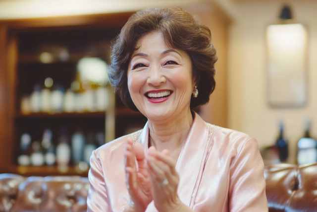 拍手をしながら幸せそうに笑う60代のスナックのママ