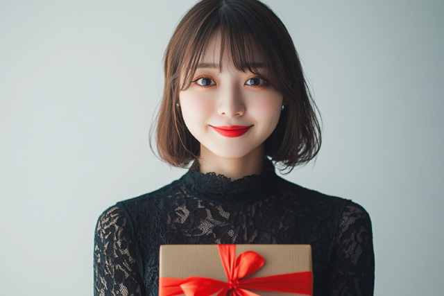 赤いリボンのプレゼントボックスを持って微笑む黒いワンピースをきた若い女性