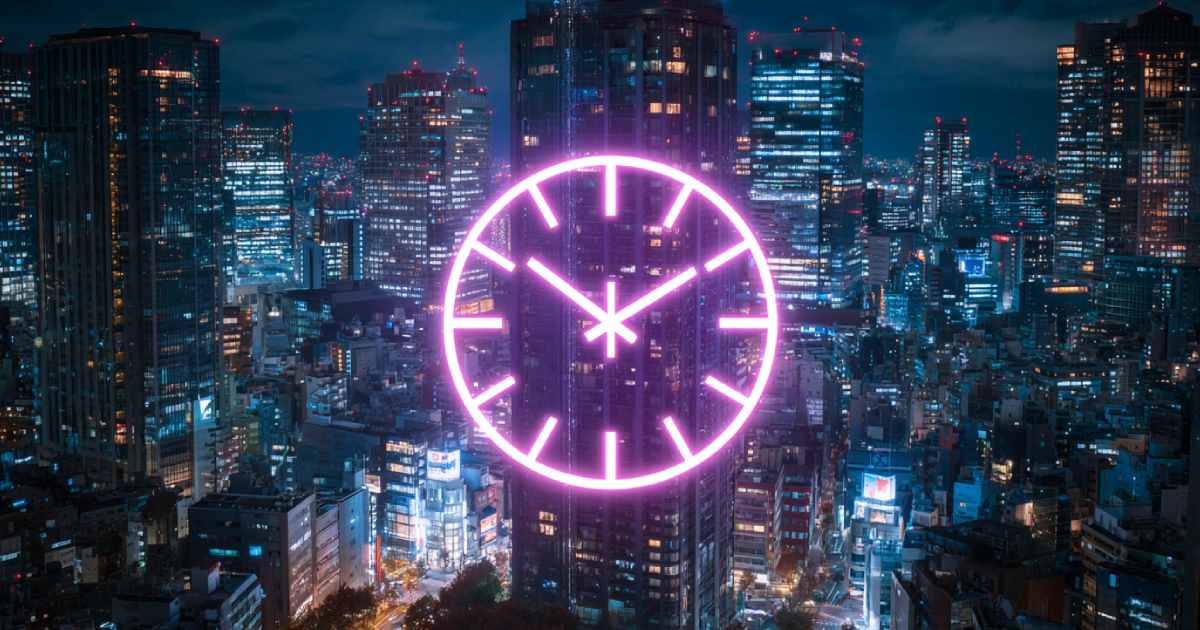 都会の夜景に浮かぶネオンの時計マーク