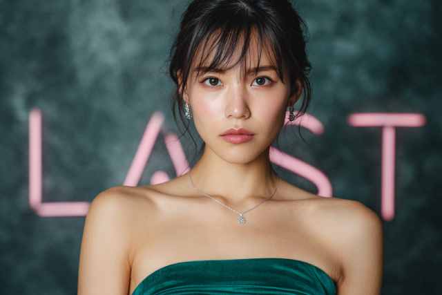LASTと書かれた背景の前でこちらを見る女性