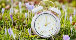 花畑にある置き時計