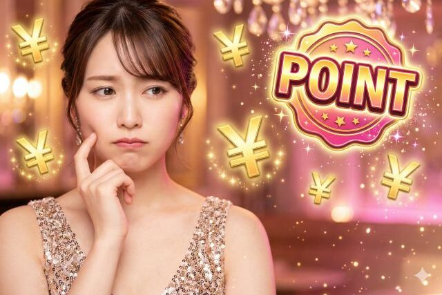 POINTと書かれた文字と円ンマークの中で悩む女性