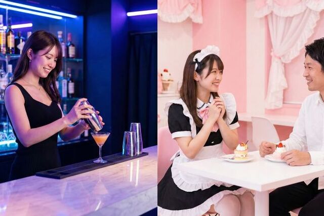 ガールズバーでお酒を作る女性とメイドカフェで男性と話す女性