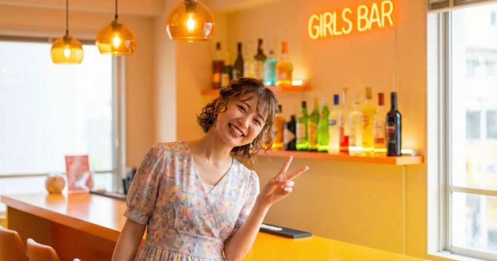 ガールズバーの店内でピースする女性