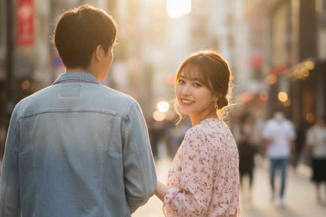 デニムシャツの男性と花柄のトップスを着てこちらを振り返る若い女性