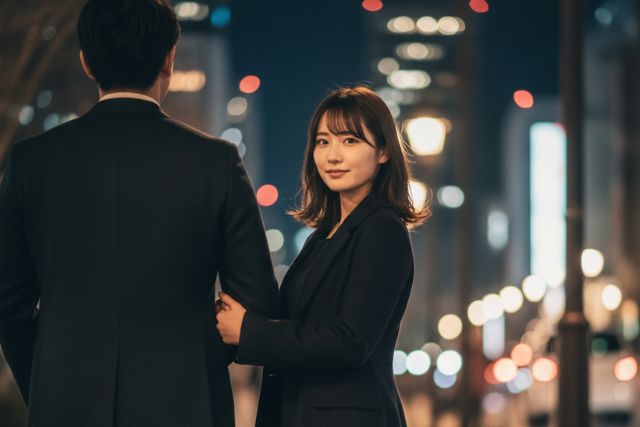 スーツ姿の男性の腕を掴んでこちらを振り向く黒い服の若い女性