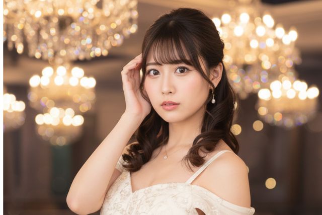 頭に手を当てる白いドレスを着たキャバ嬢